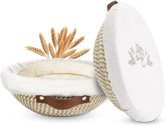 Nikkar Banneton Bread Proofing Basket Set of 2, 9 Inch & 10 Inch | Round Cotton Rope Sourdough Bread Baking Supplies Proofing Bowls with Liners & Covers Gifts for Bakers Women Wife Mom