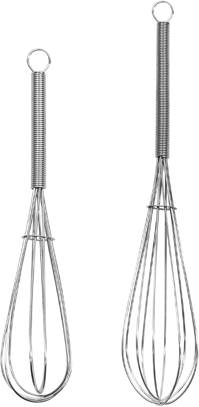 Digead Mini Wire Whisk, 2 Pack - 8 & 10 Inch Small Whisk for Cooking - Ergonomic Spiral Handle, 304 Stainless Steel - Lightweight Mixing Tool for Whisking, Beating, Blending & Mixing Sauces - Silver