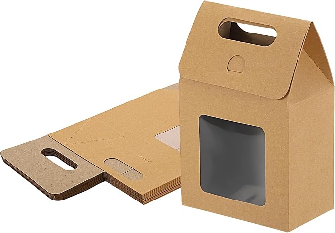 uxcell 12Pcs Gift Boxes, Favor Box with Clear Window and Handle, Stand Up Favor Treat Boxes for Candy, Cookies, Party Store, Packaging, Wedding, Light Brown