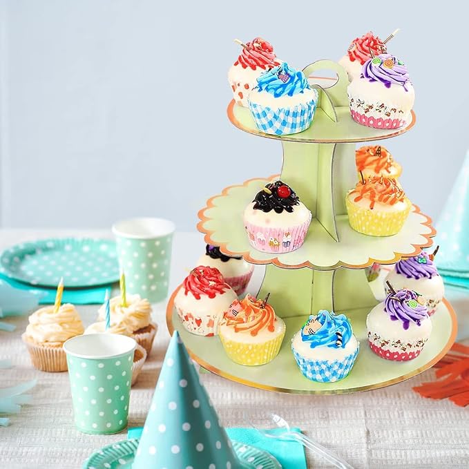 2 PACK Cardboard Cake Stand, 3 Tier Paper Dessert Round Cupcake Holder Tower Disposable Pastry Stand for Birthday, Afternoon Tea,Wedding Party Anniversary Christening Fruit Desserts Display…