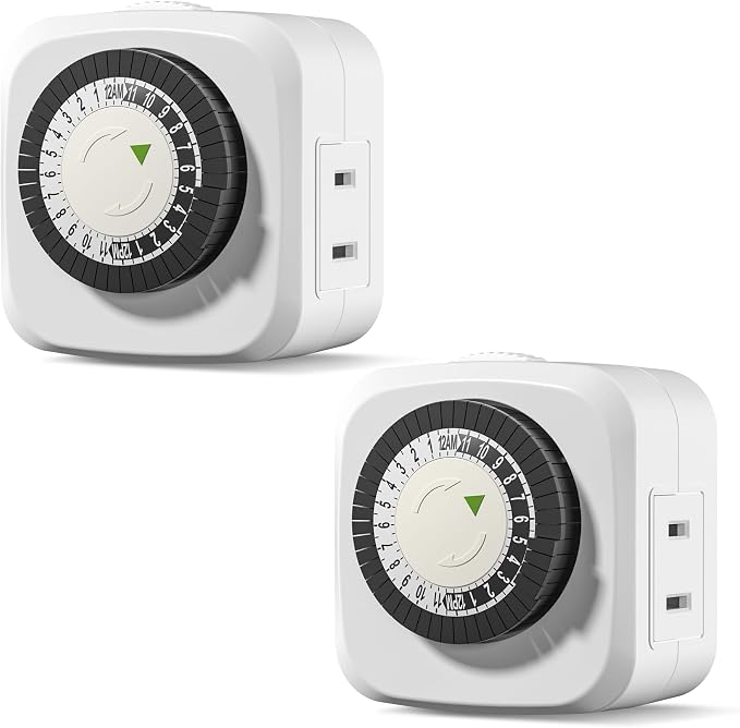 HBN Indoor Timers Plug Mechanical 2 Prong 24-Hour Mini Lamp Timers 2 Pack, for Electrical Outlets, Fish Tank, Fans, LED Lights, ETL Listed