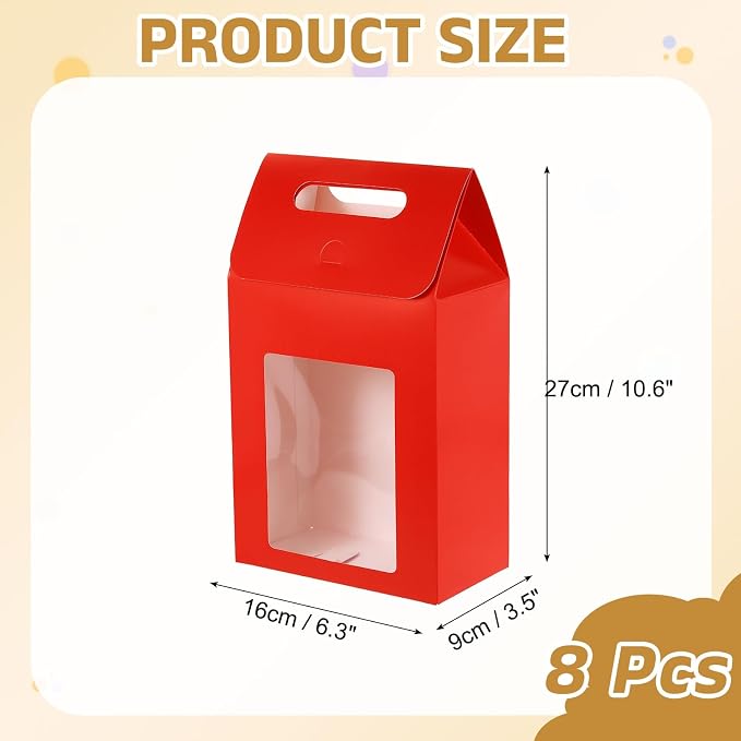 uxcell 8Pcs Gift Boxes, Favor Box with Clear Window and Handle, Stand Up Favor Treat Boxes for Candy, Cookies, Party Store, Packaging, Wedding, Red