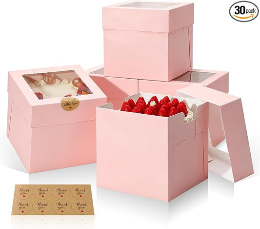 COTOPHER 30Pcs 8x8x8 Inches Cake Boxes, Square Bakery Boxes with Window, Cajas Pasteles for Valentine's Day, Mother's Day,Wedding, Birthday, Party Cake Decorating Supplies for Gift Giving