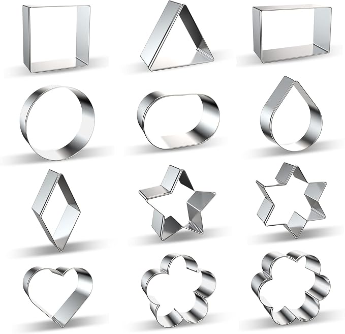 Geometric Classic Shapes Cookie Cutter Set of 12 - Heart, Flower, Star, Circle, Square, Triangle, Rectangle, Oval, Teardrop, Diamond, Star of David Shaped Cookie Cutters Biscuit Mold - Stainless Steel