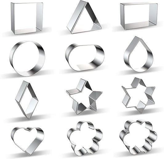 Geometric Classic Shapes Cookie Cutter Set of 12 - Heart, Flower, Star, Circle, Square, Triangle, Rectangle, Oval, Teardrop, Diamond, Star of David Shaped Cookie Cutters Biscuit Mold - Stainless Steel
