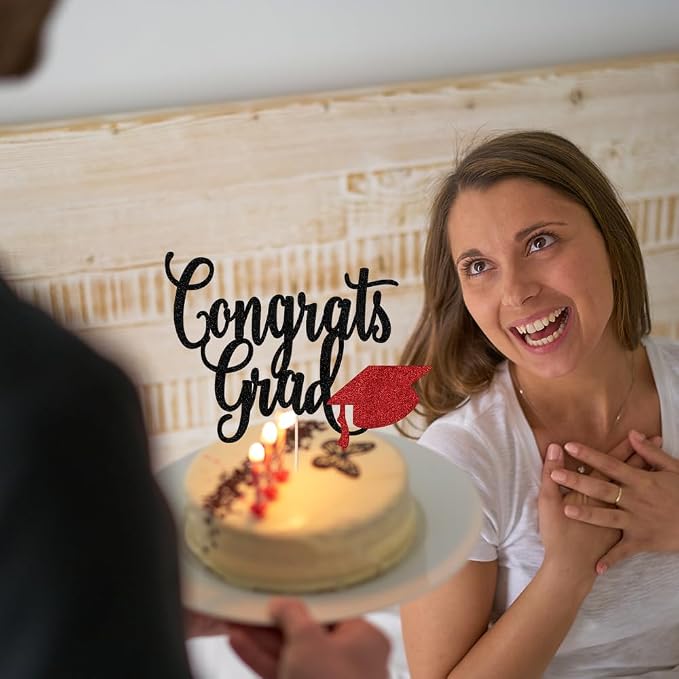 Congrats Grad Cake Topper,2026 Graduation Cake Topper, Congrats Grad Decorations,2026 High School/College/Senior Graduation Party Decorations Supplies. (Congrats Grad Black red)