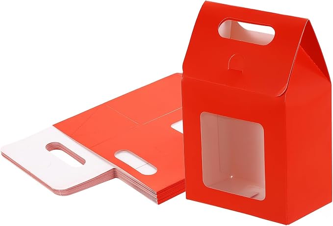 uxcell 12Pcs Gift Boxes, Favor Box with Clear Window and Handle, Stand Up Favor Treat Boxes for Candy, Cookies, Party Store, Packaging, Wedding, Red