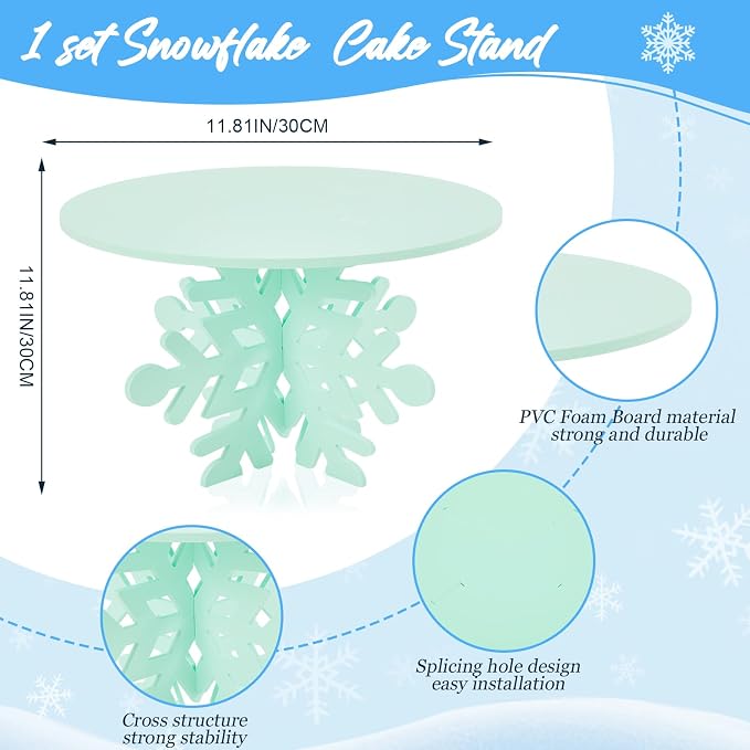 Lallisa 12" Snowflake Frozen Cake Stand Light Green 3D Snowflake PVC Cake Decorations with Engraved Snow Themed Holder Dessert Stand Centerpieces for Frozen Winter Birthday Party Supplies