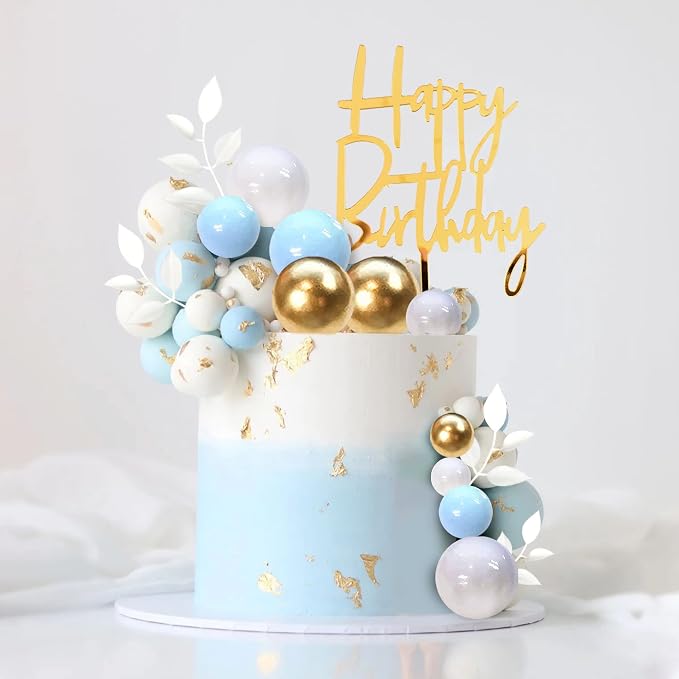 Blue Balls Cake Topper Boho Grass Cake Topper Blue White Gold Pearl Balls Happy Birthday Cake Decorations for Wedding Birthday Boho Themed Supplies (Blue)