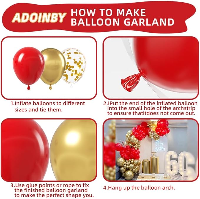 Red and Gold Balloon Arch Kit, ADOINBY 140Pcs Gold Balloon Red Balloon Confetti Balloon 18 12 10 5 Inch Different Size Balloons for Valentine's Day Wedding Birthday Engagements Anniversary Decoration