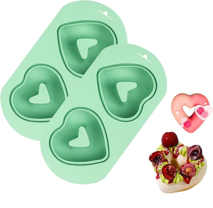 QELEG 2 Pack Silicone Donut Pan, 2-Cavity Fluted Tube Cake Pan Non-stick Silicone Baking Mold for Donuts, Cornbread, Brownies, Bagel, Jellies Green 2Pcs/2-Cavity,heart
