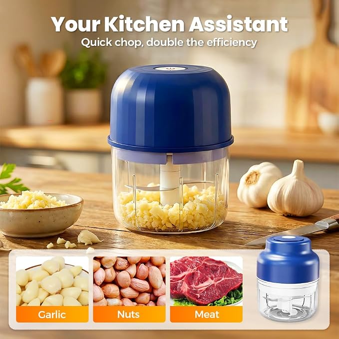 Electric Garlic Chopper, Mini Wireless Rechargeable Veggie Chopper with Stainless Steel Blades, Portable Food Processor for Onion Ginger Chili Meat, 260ml Small Kitchen Gadget (Light Green)