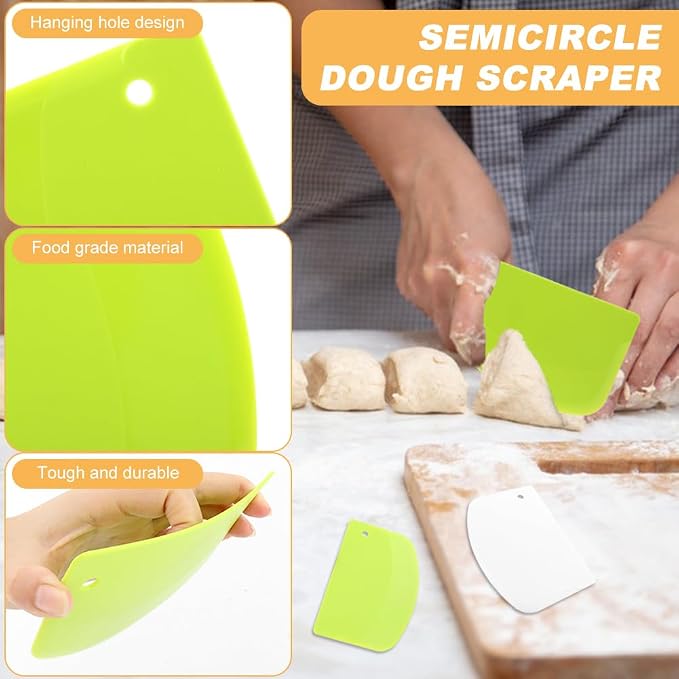 5Piece Dough Scraper Set, 2 Stainless Steel Bench Scrapers with Scale + 3 Plastic Bowl Scrapers, Non-Slip Handle, for Baking Pizza Bread Cake