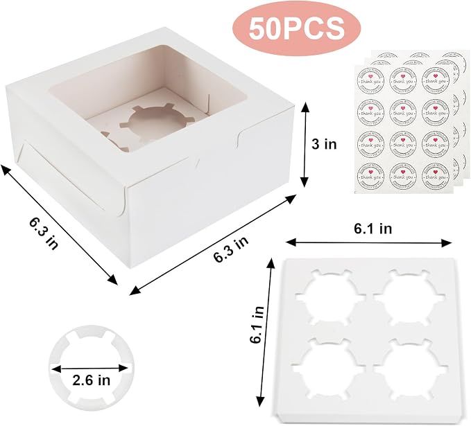 OAMCEG 50 PCS Cupcake Boxes with Window, 6x6x3 Inch Cookie Boxes, Bakery Treat Boxes for Pastry, Dessert, Chocolate Strawberries, Cupcake Containers, Gift Giving with Stickers & Twine（White）