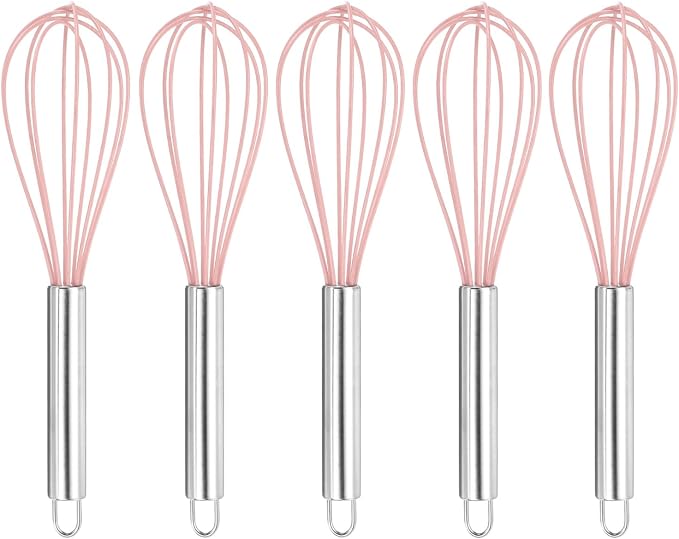 HARFINGTON 5Pcs Silicone Whisk 10" Kitchen Whisk Wire Whisks Beater with Stainless Steel Handle for Egg Milk Whisking Blending Beating & Stirring, Pink