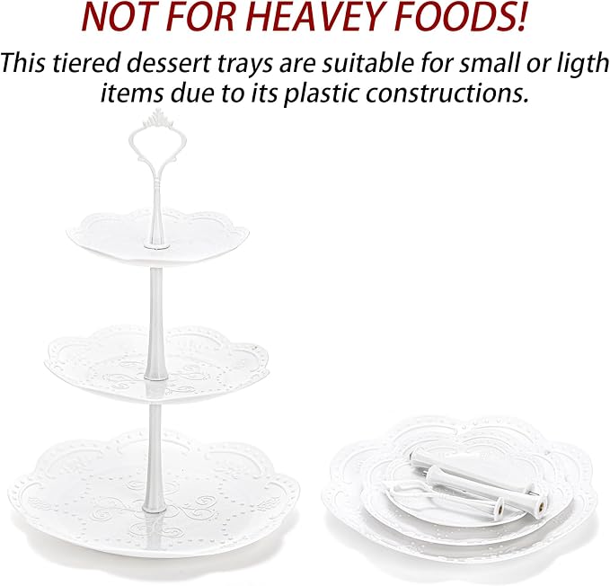 Tosnail 3 Pack 3 Tiers White Plastic Cupcake Stand Dessert Stand Tiered Serving Trays - Round, Square, Flower