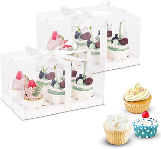 3Pcs Clear Cupcake Boxes,6 Count Cupcake Containers with Gift Ribbon,Plastic Cupcake Carrier Holder for Dessert Cookies Muffins Pastry (White/clear, 6 Count/3ps)