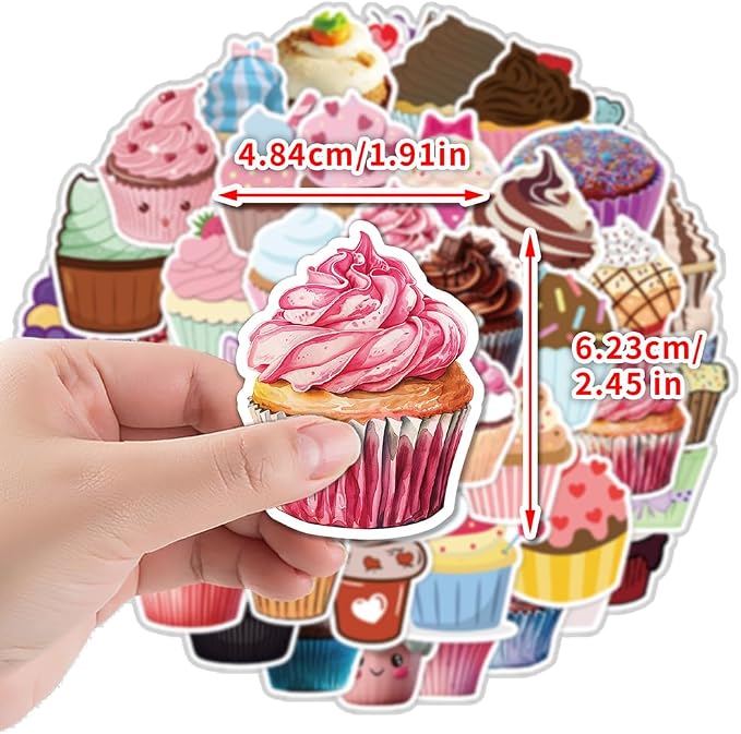 Sweet Cupcake Vinyl Stickers, 50 PCS Waterproof Illustrated Dessert Decals for Laptops, Scrapbooking, Journals, Notebooks, Water Bottles, Suitcases, Phones & DIY Decor