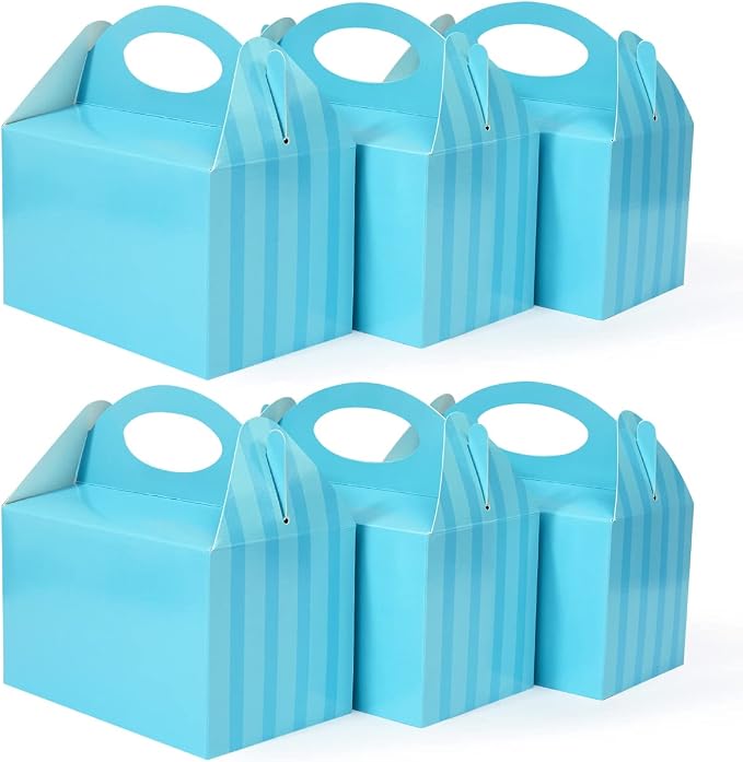Happyhiram 25 CT Blue Party Favor Boxes Blue Striped for Boys and Men, Small Treat Boxes with Handle 6" Gable Candy Boxes Paper Gift Boxes for Kids Son Birthday Baby Shower Bridal