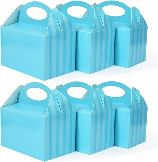 P6BL12 Happyhiram Party Favor Boxes Blue Striped 12 Pcs for Boys, Treat Boxes with Handles 6" Gable Boxes Candy Boxes Party Favor Paper Gift Boxes for Kids Birthday Baby Shower Bridal Shower