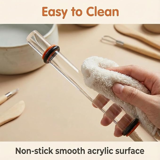 Polymer Clay Tools, 2Pcs Clay Rolling Pin with Thickness Rings, Clear Acrylic Roller for DIY Pottery Craft Modeling Shaping Handmade Art Supplies