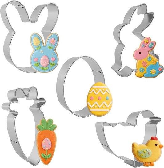 Easter Cookie Cutters, 5 Pcs Chick Carrot Egg Bunny Rabbite Shapes Metal Cookie Cutters, Stainless Steel Cutter Sets Biscuit Fruit Cutter for Easter Holiday Home Baking Kit Birthday Party Supplies