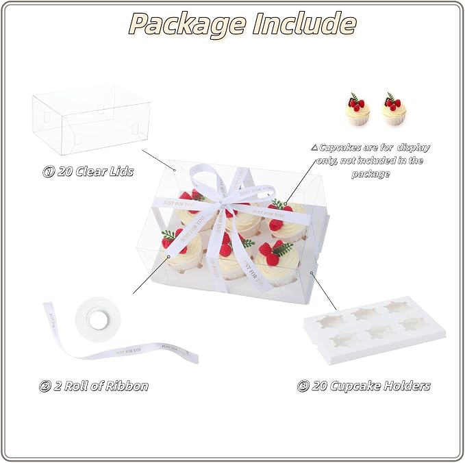 20 Packs Clear Cupcake Boxes 6 Count plastic Cupcake Carrier with Gift Ribbon Cup Cake Holder Containers for Treat Dessert Cookies Muffins Packaging for Party Baking Wedding