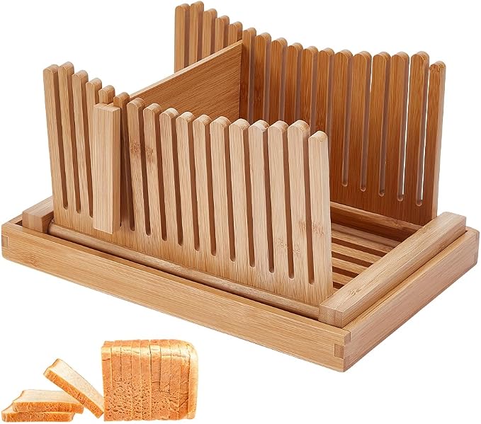 UNICRAFTALE Adjustable Bamboo Bread Slicer with Crumb Tray Bread Cutter for Homemade Cutter Guide for Sourdough Bagels Cakes Loaves Kitchen Gadgets Baking Gift Set 12.48"x8.5"x6.69"