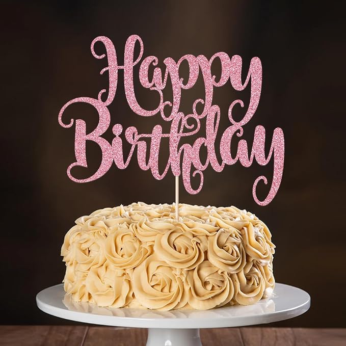 Happy Birthday Cake Topper- Glitter Happy Birthday Cake Decor, Handmade Anniversary/Birthday Party Supplies (pink)