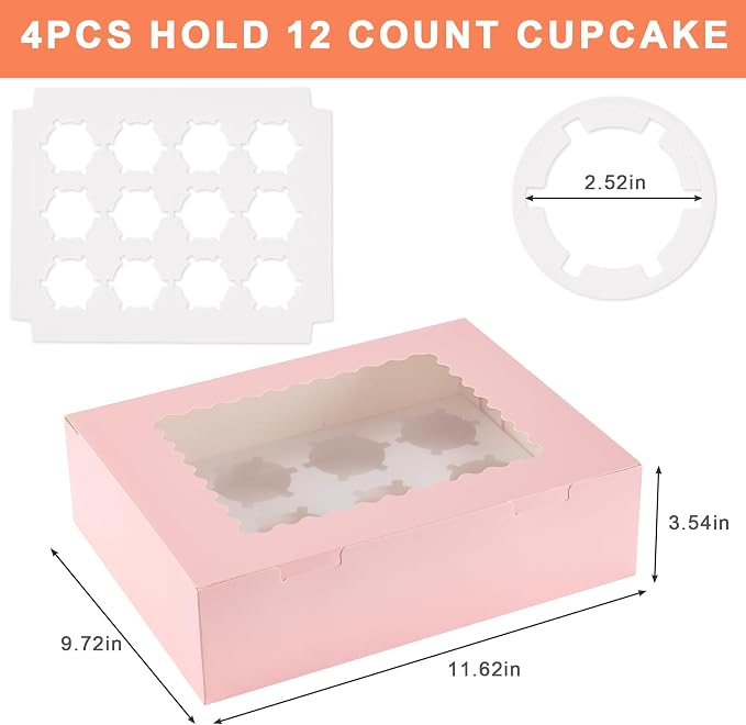 12 Count Cupcake Boxes, 4PCS Cupcake Container with Window, Food Grade Cupcake Holder for Birthday Holiday Party, Bakery Supplies for Cupcakes, Desserts, and More (Pink)