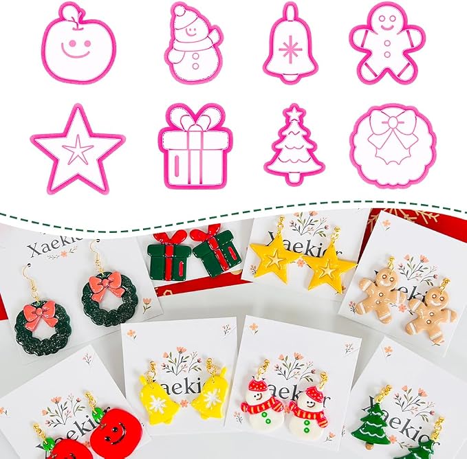 Xaekicr Christmas Polymer Clay Cutters Set – 8pcs Holiday Clay Earring Cutters for Polymer Clay Jewelry DIY – Santa, Tree, Snowman, Gift – Clay Tools & Molds