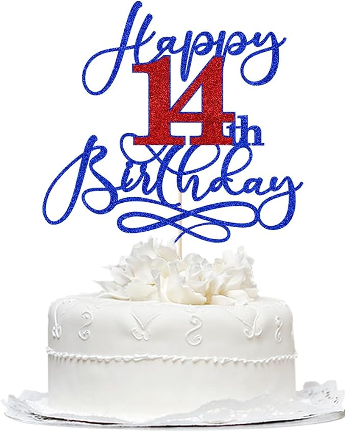 Happy 14th Birthday Cake Topper,Deep blue font red Numbers 14th Birthday Cake Decoration,Hello 14, Cheers to 14 Years/14th Anniversary,14& Fabulous Party Decoration