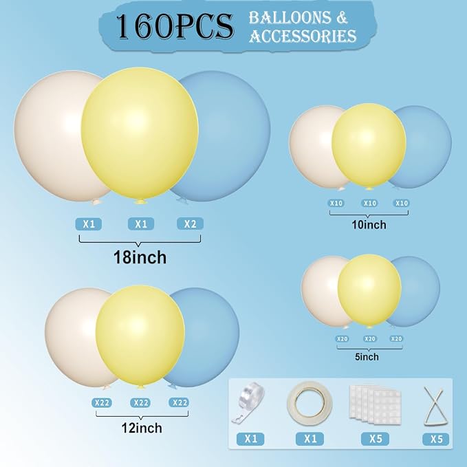 Pastel Yellow Blue White Balloon Garland Arch Kit, 160Pcs Latex Balloons Different Size 18 12 10 5 inch for Birthday Bridal Baby Shower Gender Reveal Wedding Retirement Party Decorations