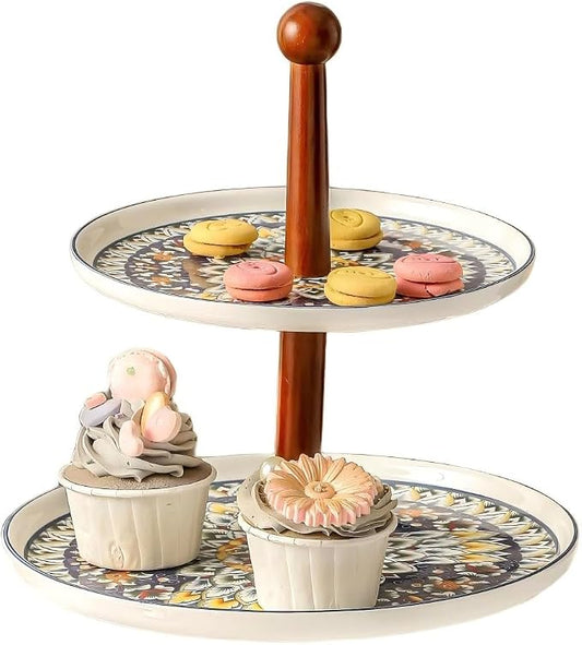 2 Tiered Cupcake Dessert Stand Ceramic, Tiered Serving Cake Stand Bohemian Plates Tray Food Grade Dessert Display Stand, Beautiful Gift for Tea Party, Weddings Parties & Home Décor (Blue)