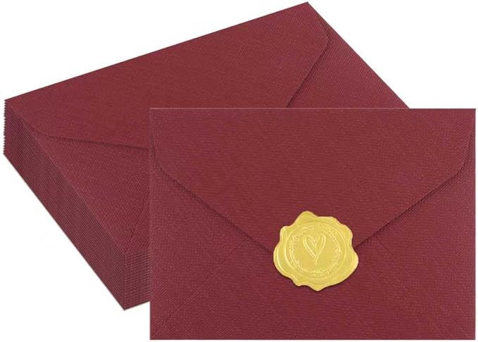 20 Pack 4x6 Crimson Linen Envelopes with Gold Wax Seals - Handmade Look A6 Vintage Envelopes & Self-Adhesive Seal Stickers for Greeting Cards, love letter, Wedding, Party Invitation