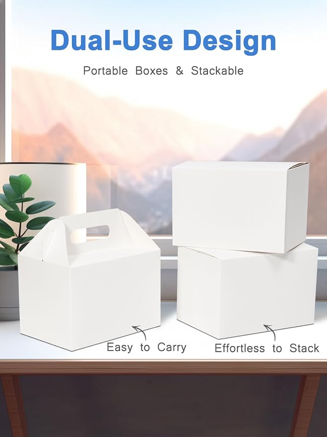 Shallive 50 Pcs Large Treat Boxes 9x6x6 Inch White Gable Gift Boxes with Handle Lunch Boxes Recycled Paper Bags Take Out Cookie Boxes Welcome Boxes Candy Bags For Wedding Birthday Party Supplies