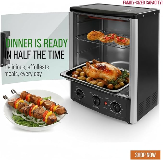 NutriChef Multi-Function Rotisserie Countertop Oven | 24 Quart Vertical Glass Door Convection Oven, for Rotisserie Roasting & Broiling | Timer & Temperature Control | 13.4 x 12.2 x 18.9