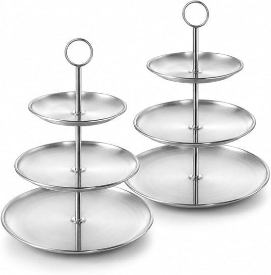 YOUNTHYE 2 Pack Silver Cupcake Stand, 3 Tier Stainless Steel Tiered Serving Tray, Dessert Display Stand for Cupcakes, Cookies, Fruit, Wedding, Birthday, Tea Party and Holiday Table