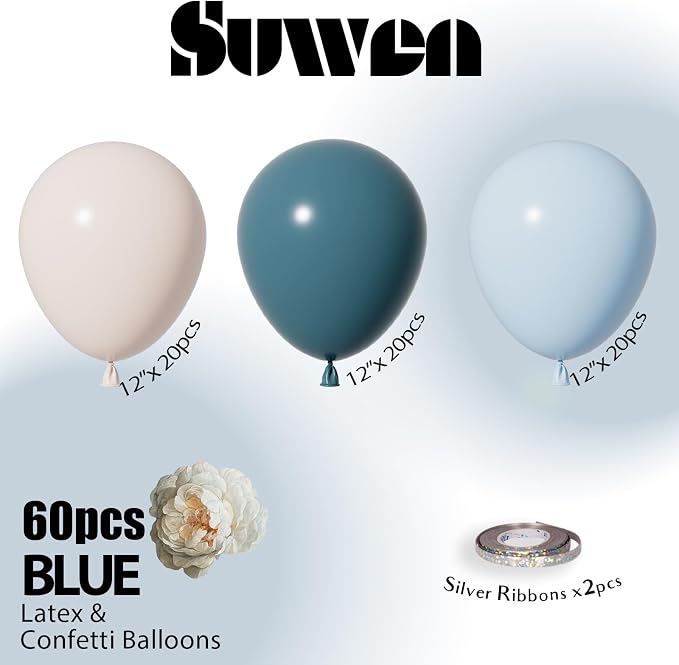 SUWEN Dusty Blue Balloons 60Pcs,12 inch Light Blue and Sand White Latex Balloons for Birthday Gender Reveal Party Decorations