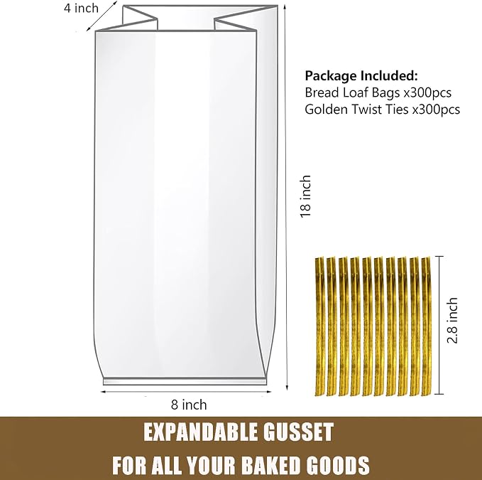 Nicunom 300 Pack Clear Bread Bags with Ties,18x4x8 Inches Plastic Bread Bag Bulk Sourdough Bags Reusable Breads Loaf Packing Bags for Homemade Breads and Bakery Use