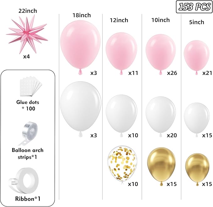 Pink and White Gold Balloon Arch Garland Kit 153pcs with Star, 22 18 12 10 5in Different Size Pink white Metallic Gold Confetti Balloons for Birthday Baby Shower Wedding Party Decorations