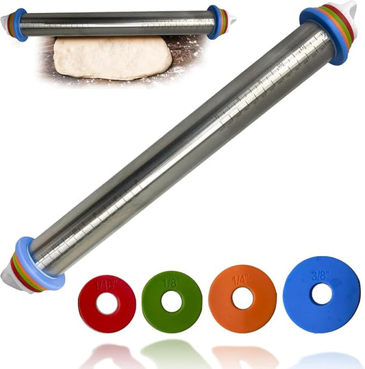 Stainless Steel Rolling Pin with Thickness Rings, 17 Inches Adjustable Rolling Pin for Baking, for Cookie Flat Dough Pizza Pie