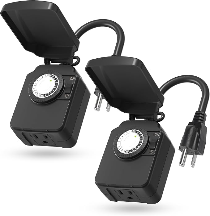 BN-LINK 24 Hour Heavy Duty Mechanical Timer, Outdoor Timer Outlet Waterproof with 30 Minutes Intervals, 1 Grounded Outlets for Christmas Lights Pool Pump,15A 1/2HP, ETL Listed（2 Pack）