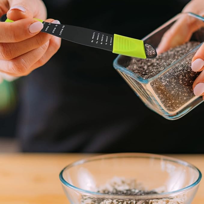Adjustable Measuring Spoon, 9-in-1 Teaspoon Tablespoon Sliding, Space Saving, 1/8 TSP to 1 TBSP, Dry & Liquid, Double-Ended, Dishwasher Safe, Food-Grade Plastic - Performore, Black & Green