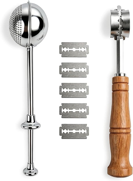 Bread Lame and Flour Duster Set, 304 Stainless Steel Bread Scoring Knife | 5 Razor Blades & Leather Cover, Professional Sourdough Baking Supplies