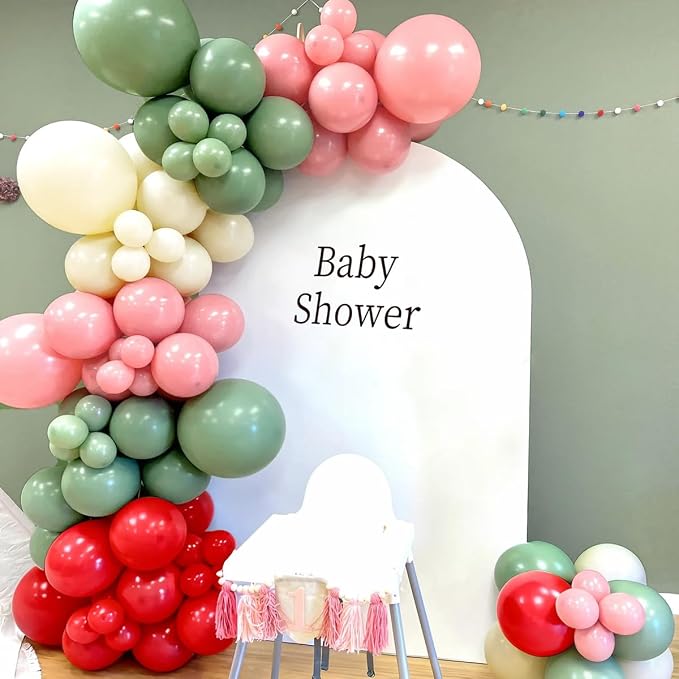 Sage Green Pink Red Balloon Arch Garland Kit, 167PCS Sage Green Blush Cherry Red Ivory Latex Balloons for Christmas Birthday Graduation Baby Shower Wedding Party Decoration