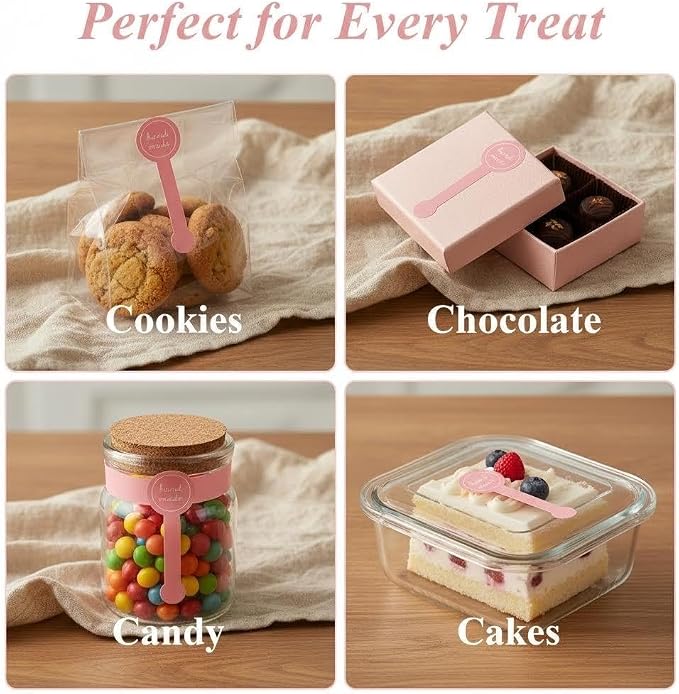20Sheets(200Pcs) 10x3cm(3.94x1.18inch) Pink Handmade Baking Seal Stickers, Self-Adhesive Food Retail Labels for Bakery, Cakes, Cookies, Candy Jars and Food Packaging