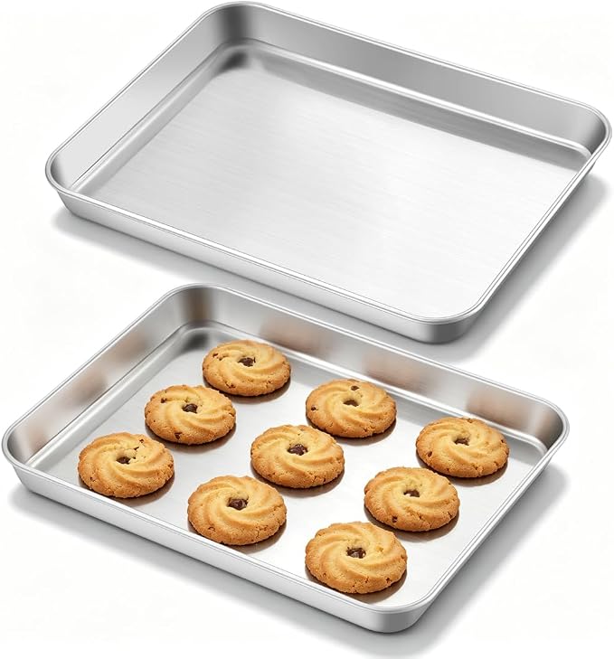 Leonyo 10x8IN Stainless Steel Baking Sheets Set, 2 Pack Stainless Steel Small Sheet Pan for Baking Cookie, Commercial Grade Metal Toaster Oven Tray for Oven, Non Toxic & Dishwasher Safe