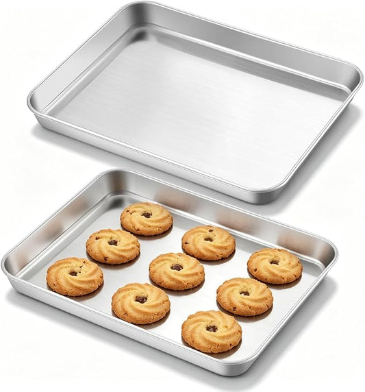 Leonyo 10x8IN Stainless Steel Baking Sheets Set, 2 Pack Stainless Steel Small Sheet Pan for Baking Cookie, Commercial Grade Metal Toaster Oven Tray for Oven, Non Toxic & Dishwasher Safe