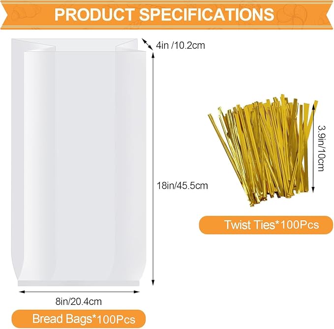vivinin 100 Pack Bread Bags & 100 Pack Ties, 8" x 4" x 18" Clear Bread Bags for Homemade Bread, Reusable Plastic Bread Storage Bags for Bakers, Bakery Owners